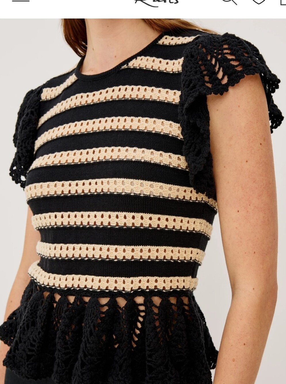 Striped Crochet Peplum Knit Top - Black & Cream